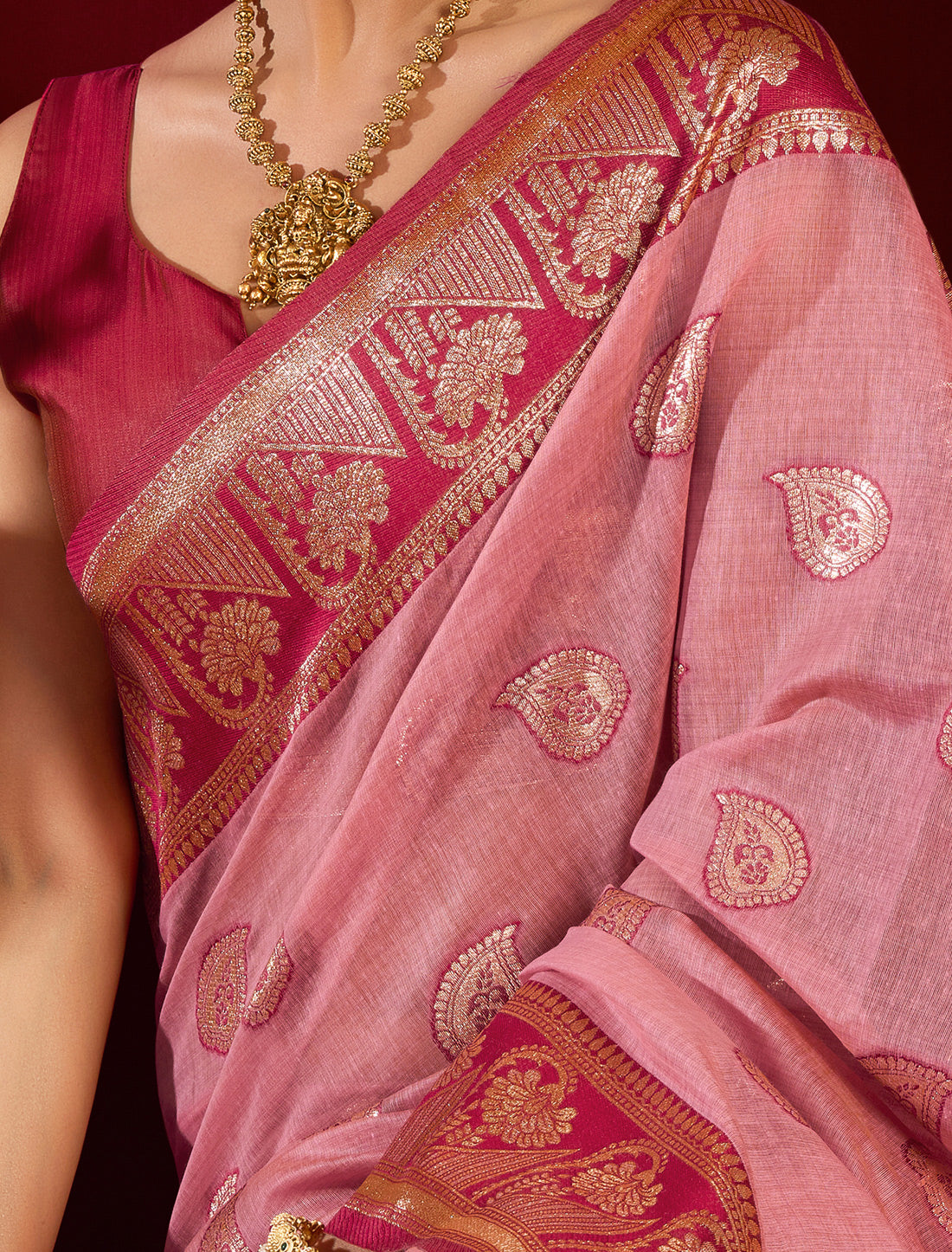 Ethnic Red & Pink Fancy Modal Banarasi Zari With Zhallar Saree