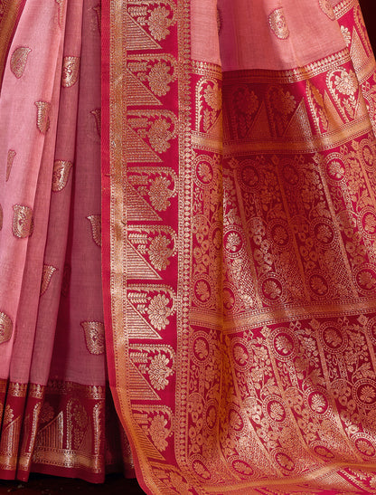Ethnic Red & Pink Fancy Modal Banarasi Zari With Zhallar Saree