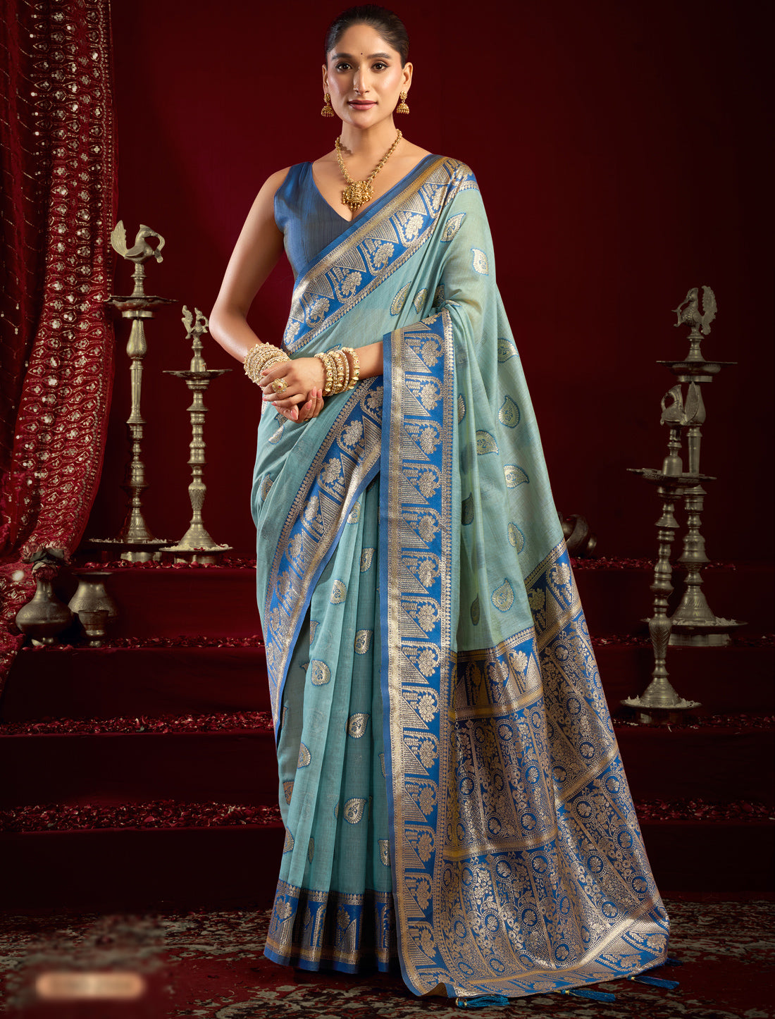 Teal & Ocean Blue Fancy Modal Banarasi Zari With Zhallar Ethnic Saree