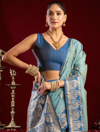 Teal & Ocean Blue Fancy Modal Banarasi Zari With Zhallar Ethnic Saree