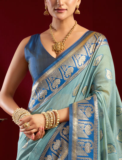 Teal & Ocean Blue Fancy Modal Banarasi Zari With Zhallar Ethnic Saree