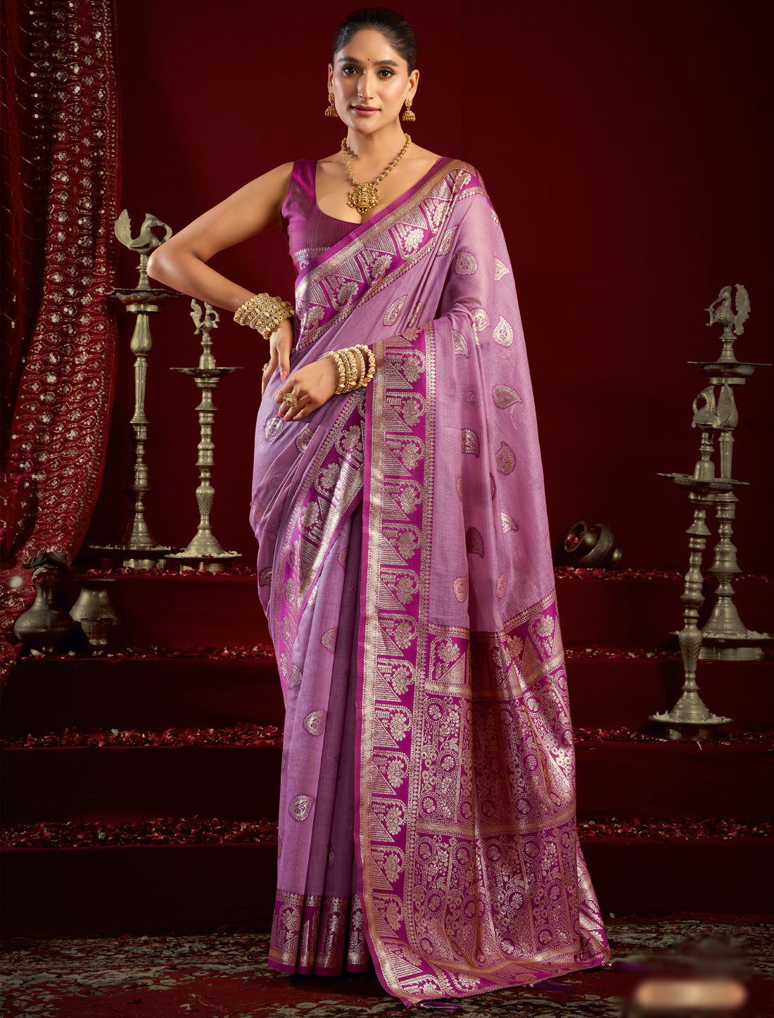 Ethnic Pink Fancy Modal Banarasi Zari With Zhallar Saree