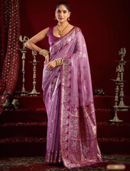 Ethnic Pink Fancy Modal Banarasi Zari With Zhallar Saree