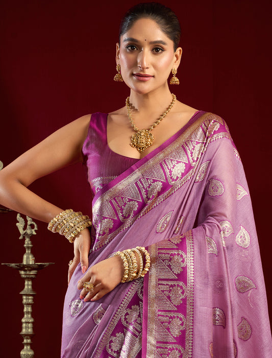 Ethnic Pink Fancy Modal Banarasi Zari With Zhallar Saree