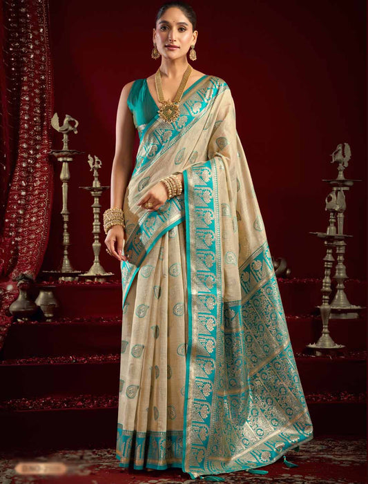 Cream & Blue Fancy Modal Banarasi Zari With Zhallar Ethnic Saree