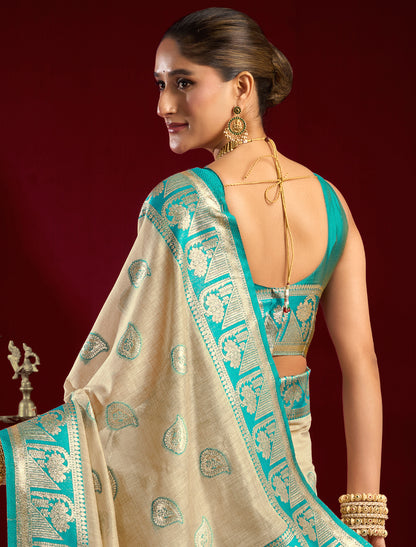 Cream & Blue Fancy Modal Banarasi Zari With Zhallar Ethnic Saree