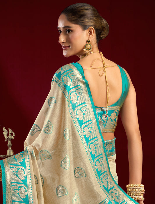 Cream & Blue Fancy Modal Banarasi Zari With Zhallar Ethnic Saree