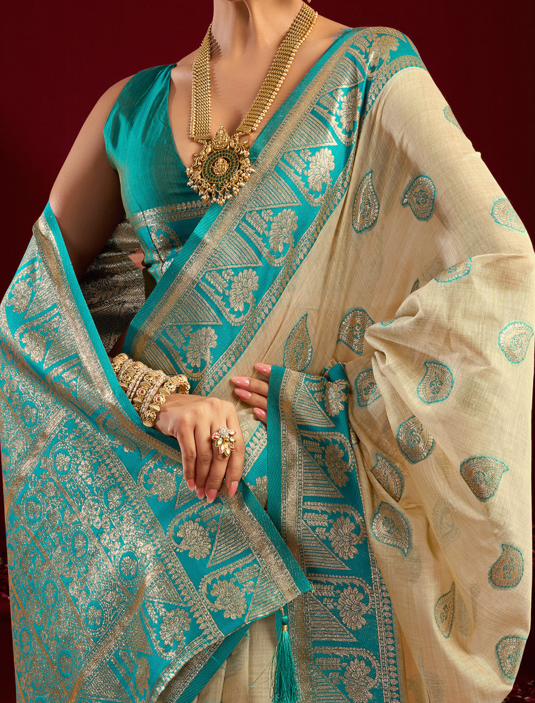 Cream & Blue Fancy Modal Banarasi Zari With Zhallar Ethnic Saree