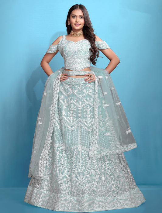 Sky Blue Ethnic Wedding Embroidered Lehenga Choli Set