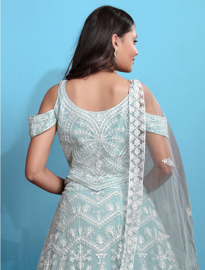 Sky Blue Ethnic Wedding Embroidered Lehenga Choli Set