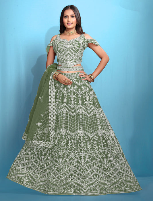 Parrot Green Ethnic Embroidered Wedding Lehenga Choli Set