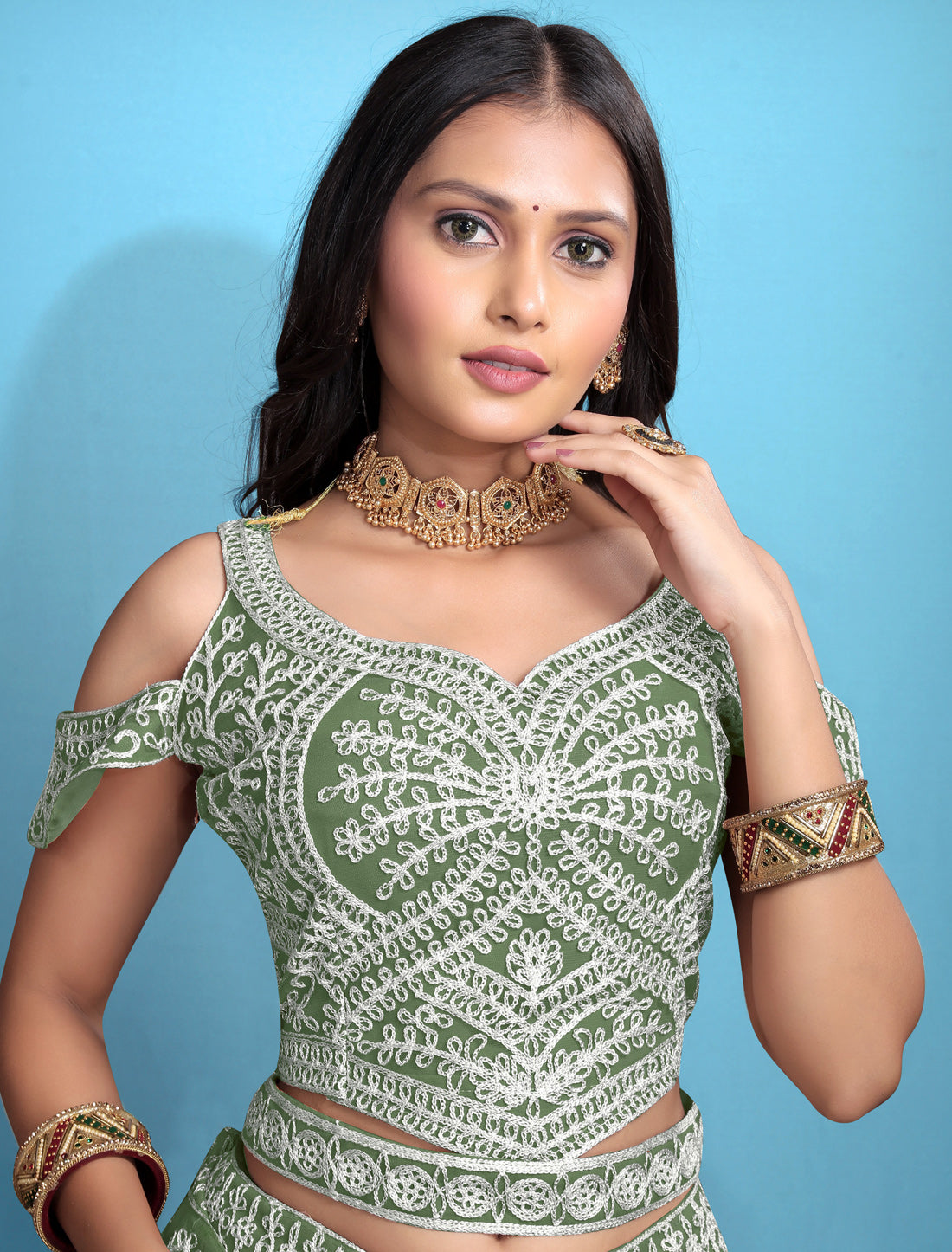 Parrot Green Ethnic Embroidered Wedding Lehenga Choli Set