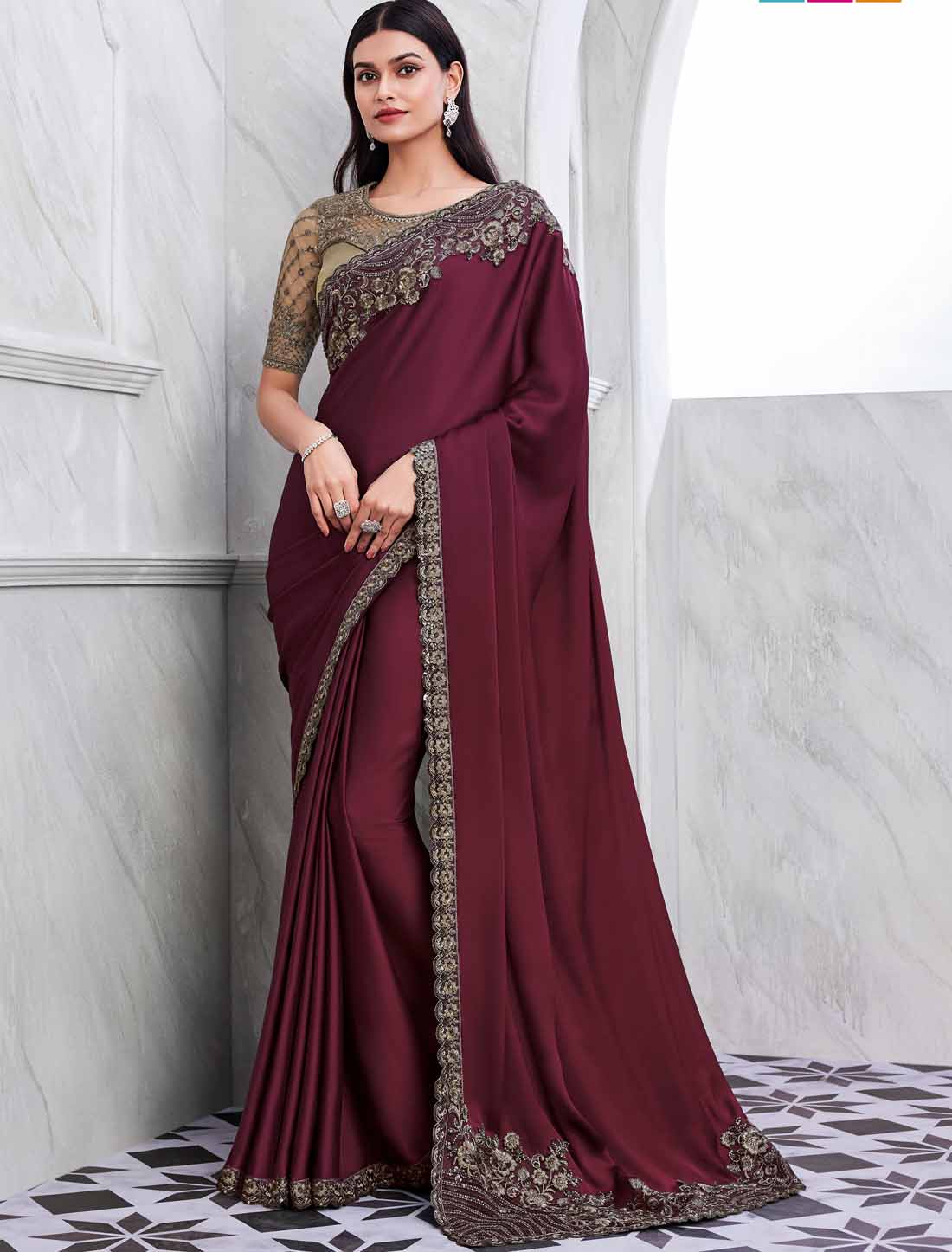 Luxury Maroon Walnut Silk Designer Ethnic Saree Collection