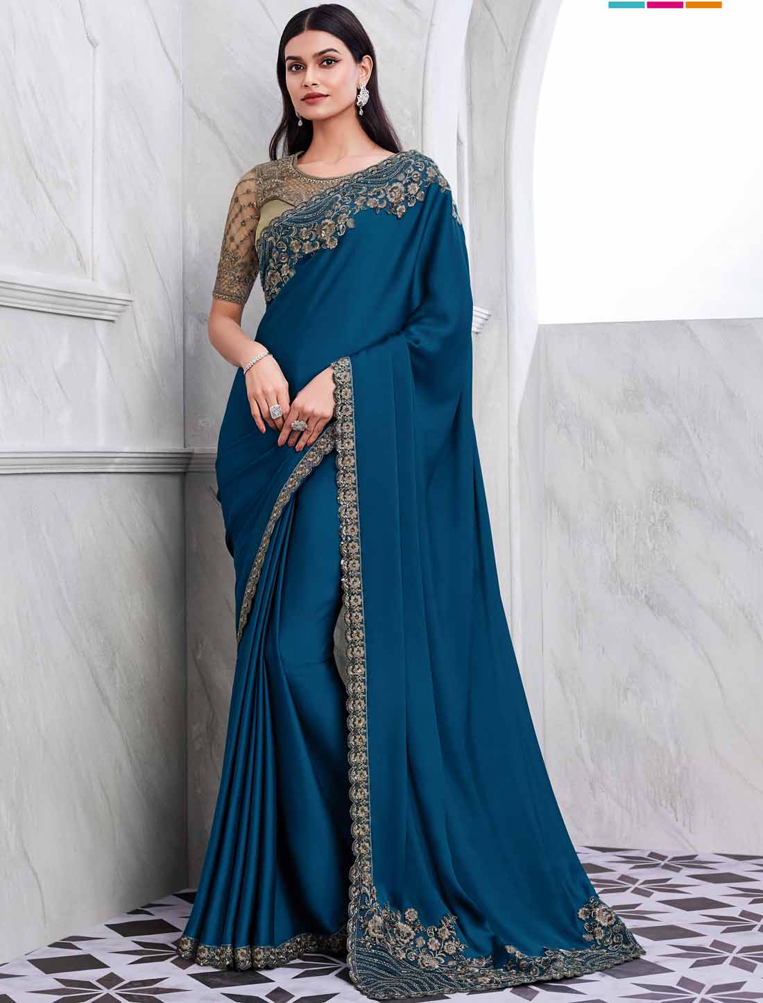 Ethnic Elevate Peacock Blue Walnut Silk Designer Saree Collection