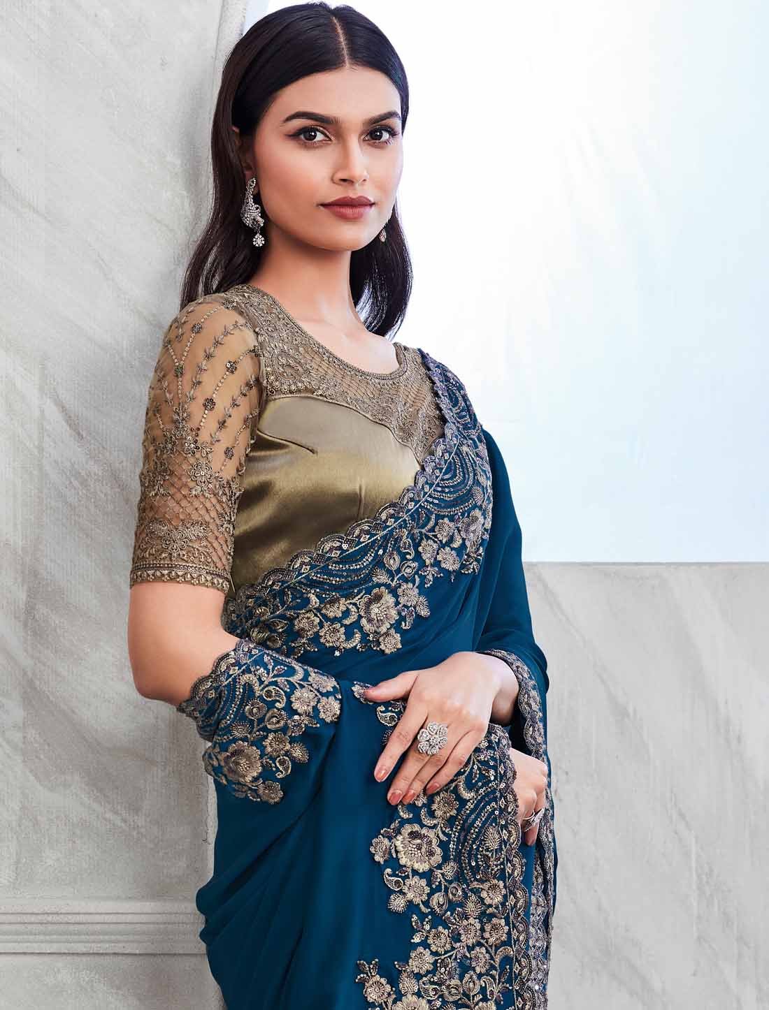 Ethnic Elevate Peacock Blue Walnut Silk Designer Saree Collection