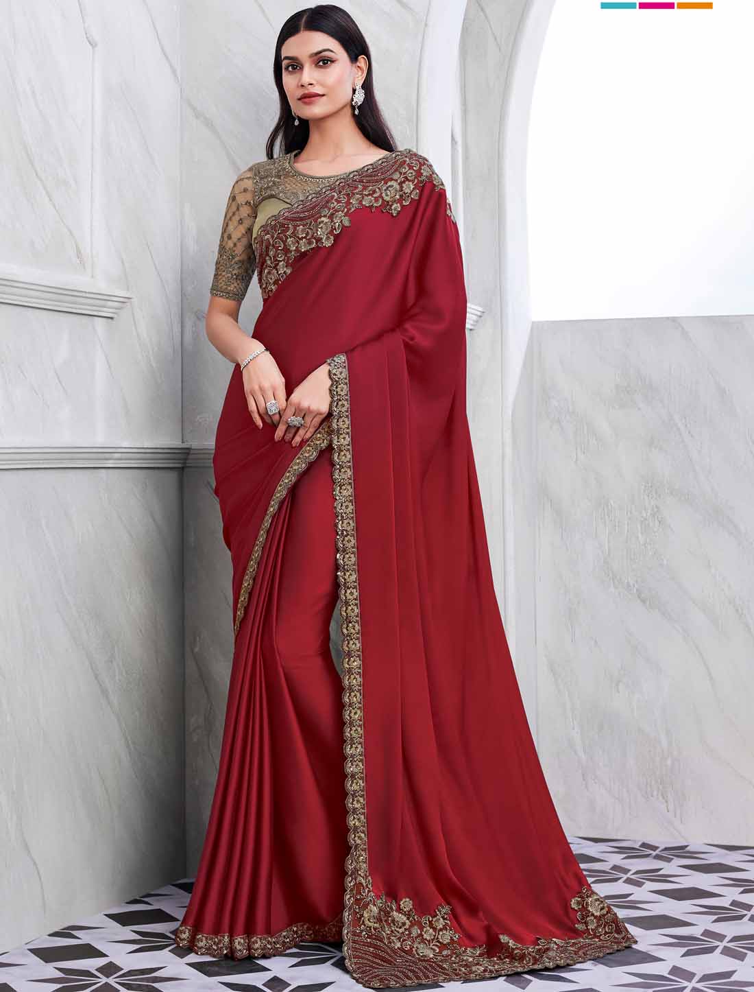 Designer Elevate Red Walnut Silk Ethnic Saree Collection