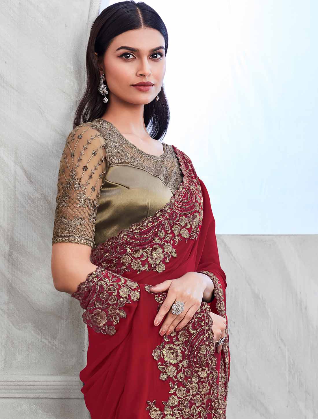 Designer Elevate Red Walnut Silk Ethnic Saree Collection