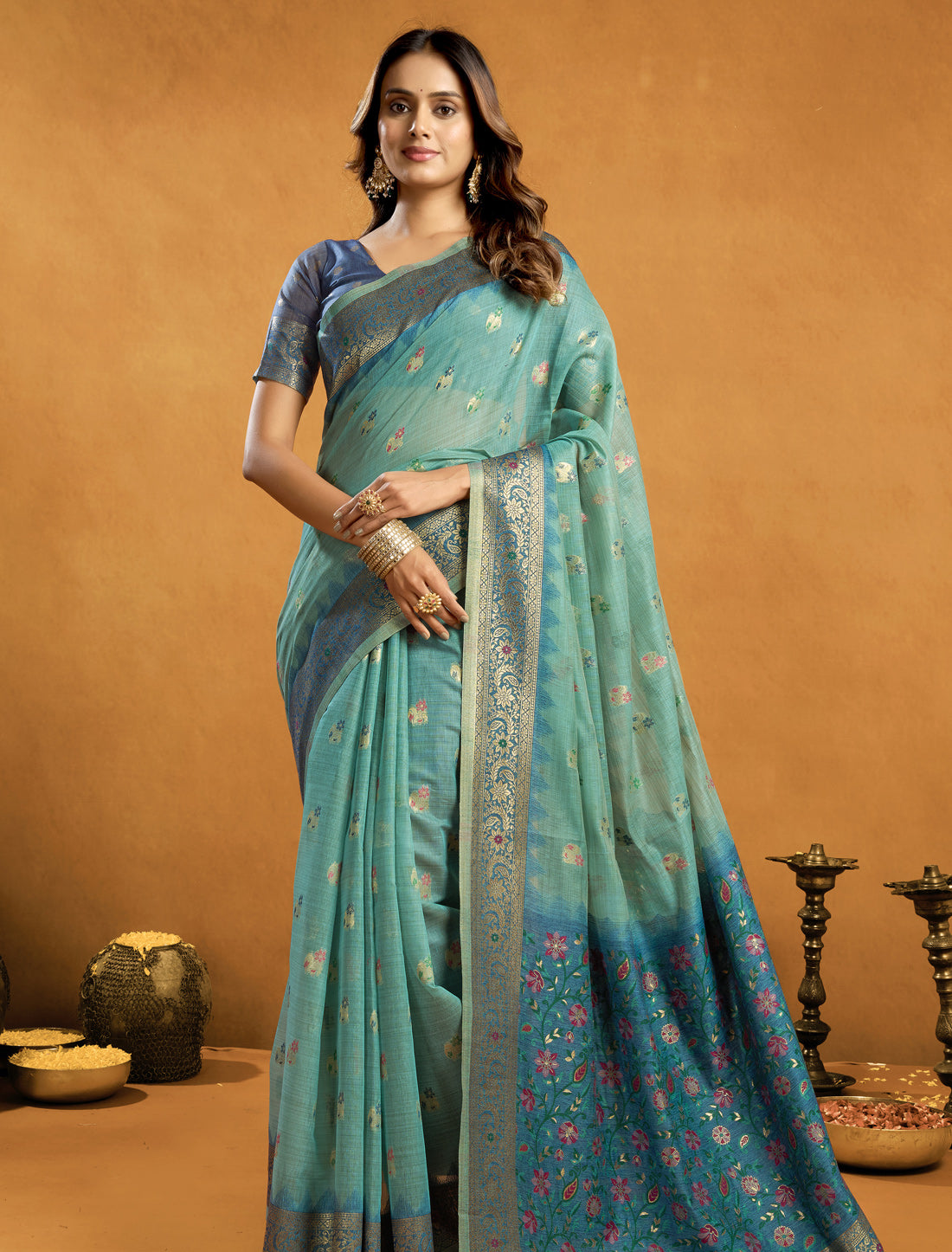 Light Green Designer Party Wear Cotton Saree With Zari Rich Pallu