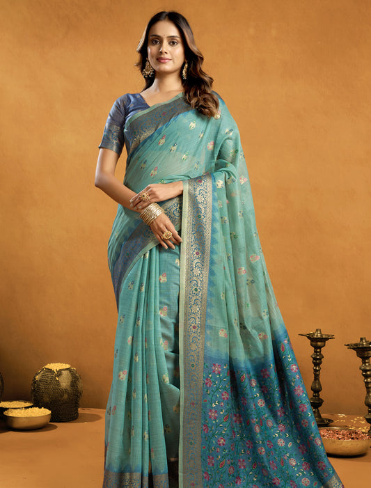 Light Green Designer Party Wear Cotton Saree With Zari Rich Pallu