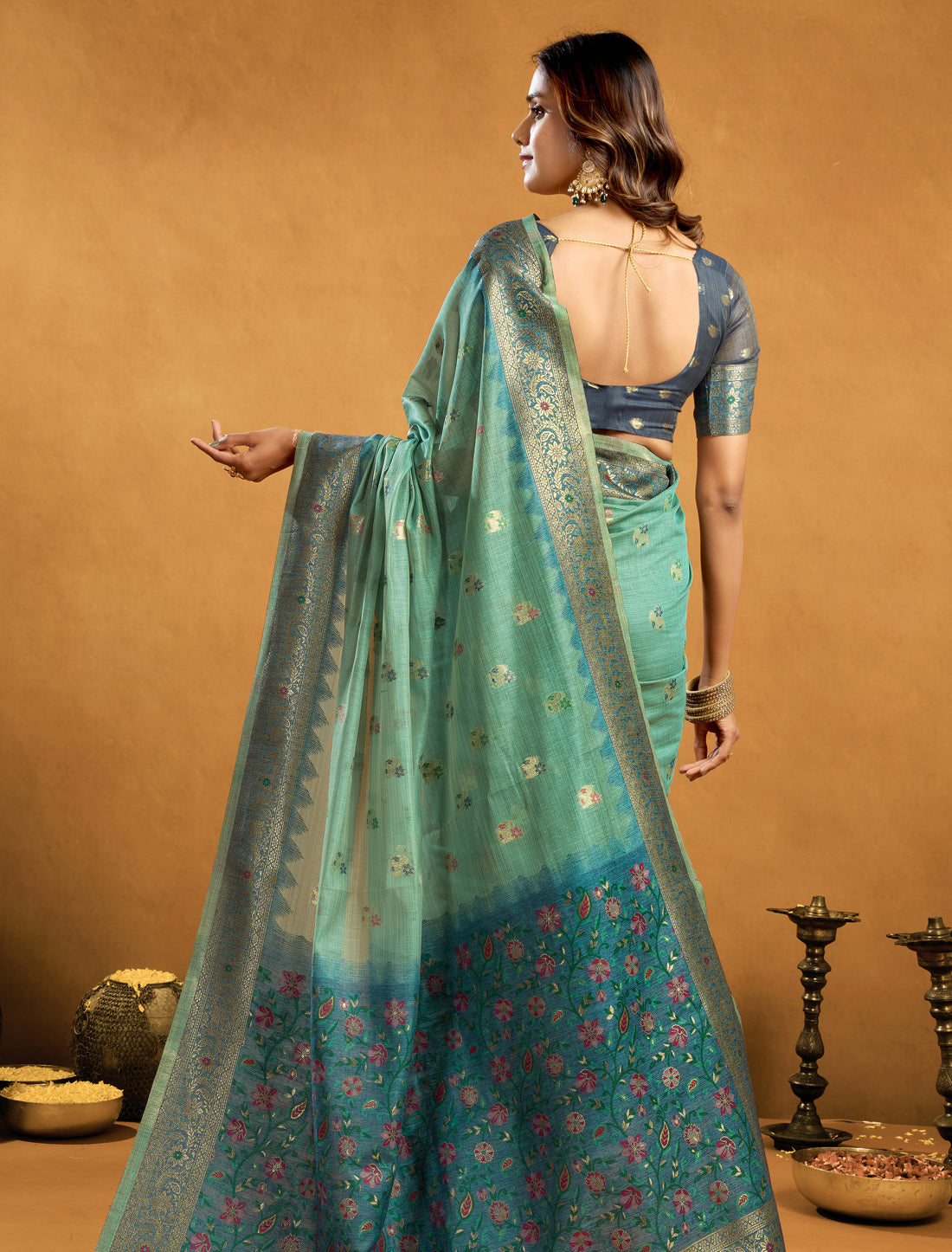 Light Green Designer Party Wear Cotton Saree With Zari Rich Pallu