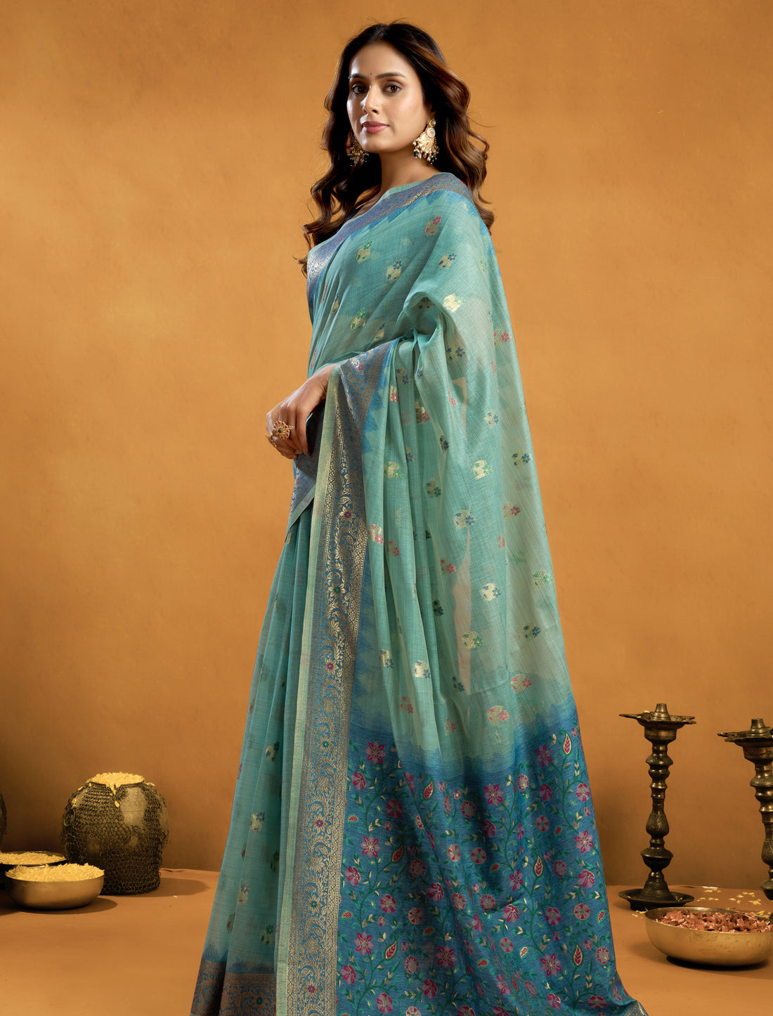 Light Green Designer Party Wear Cotton Saree With Zari Rich Pallu