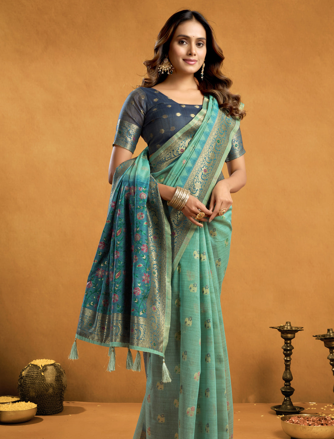 Light Green Designer Party Wear Cotton Saree With Zari Rich Pallu