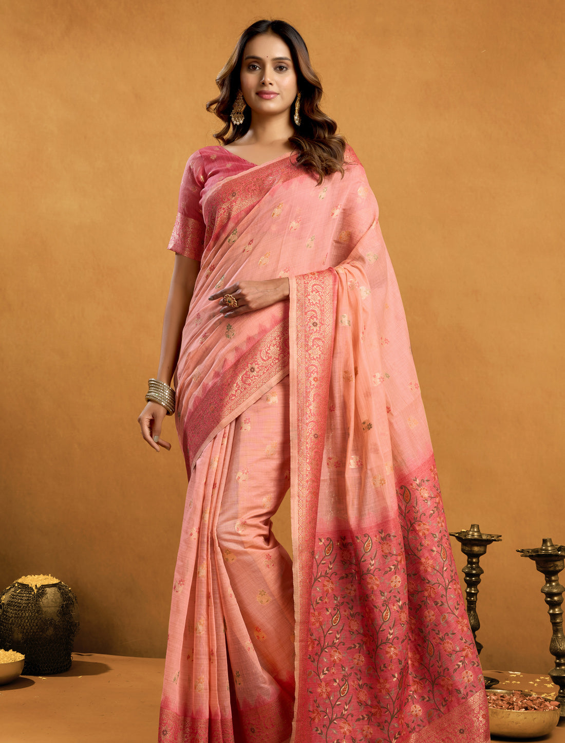 Peach Spun Cotton Party Wear Designer Saree With Zari Rich Pallu