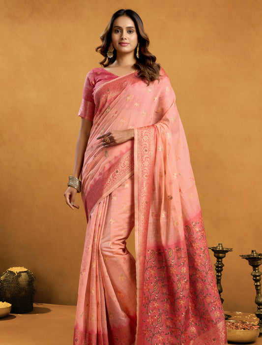 Peach Spun Cotton Party Wear Designer Saree With Zari Rich Pallu