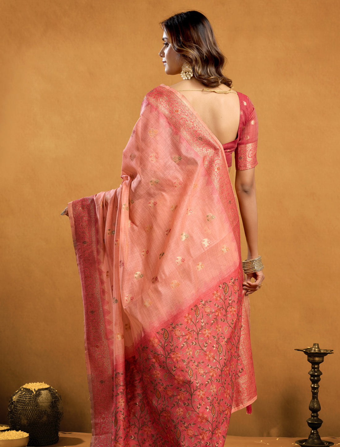 Peach Spun Cotton Party Wear Designer Saree With Zari Rich Pallu