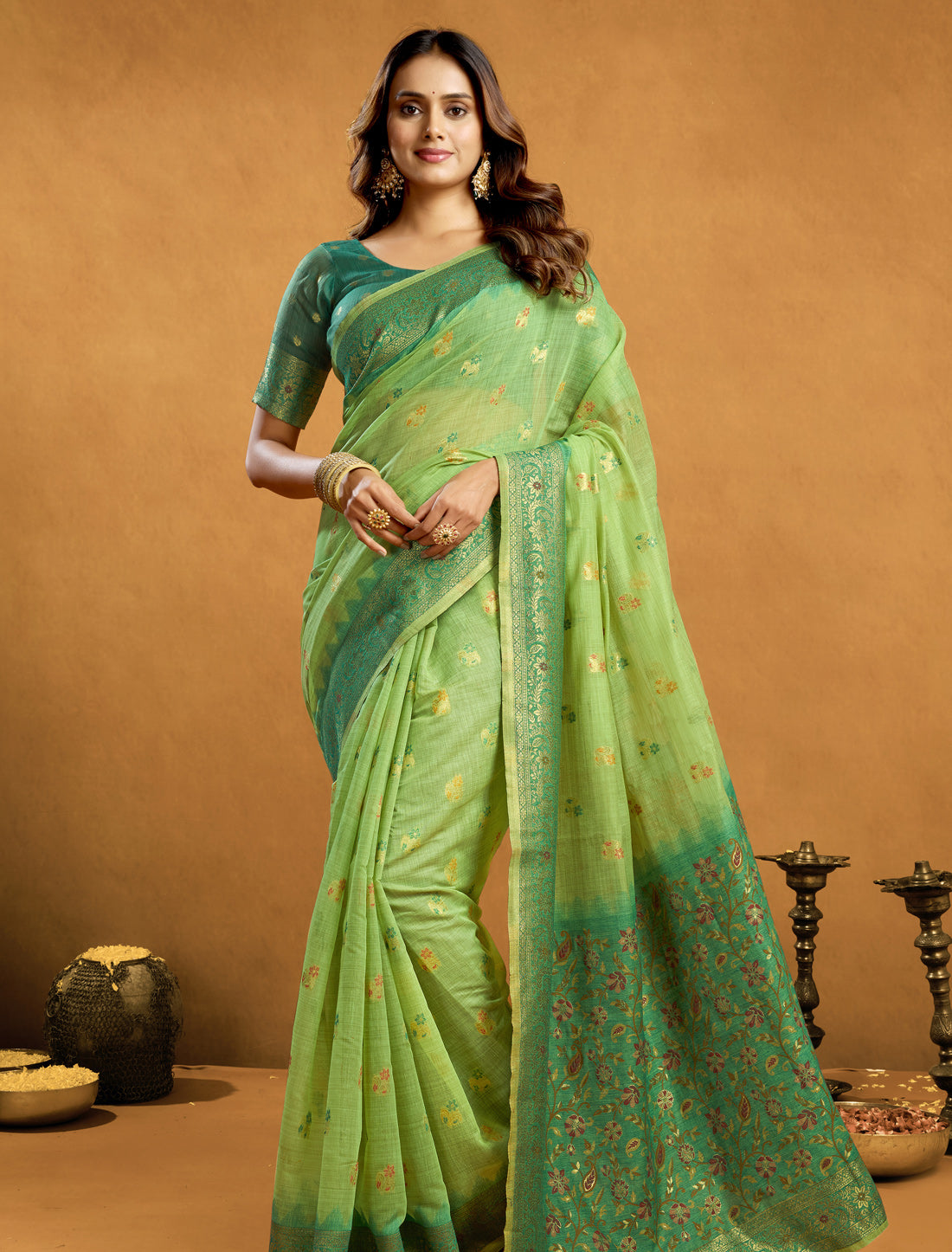 Green Spun Cotton Party Wear Designer Saree With Zari Rich Pallu