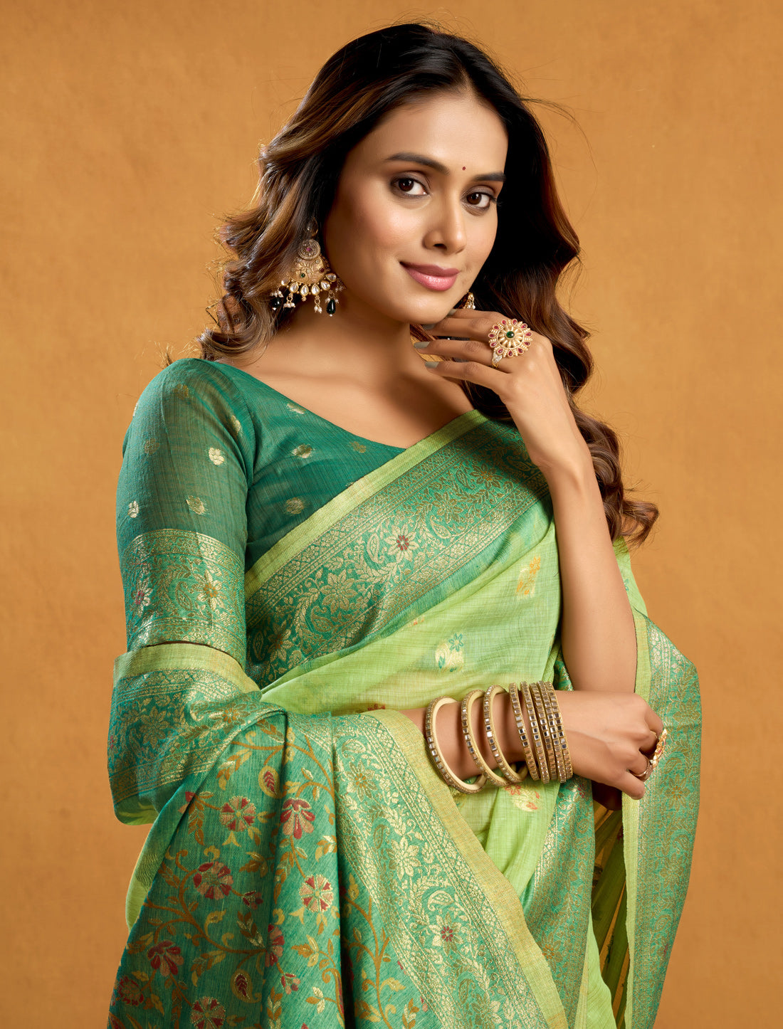 Green Spun Cotton Party Wear Designer Saree With Zari Rich Pallu
