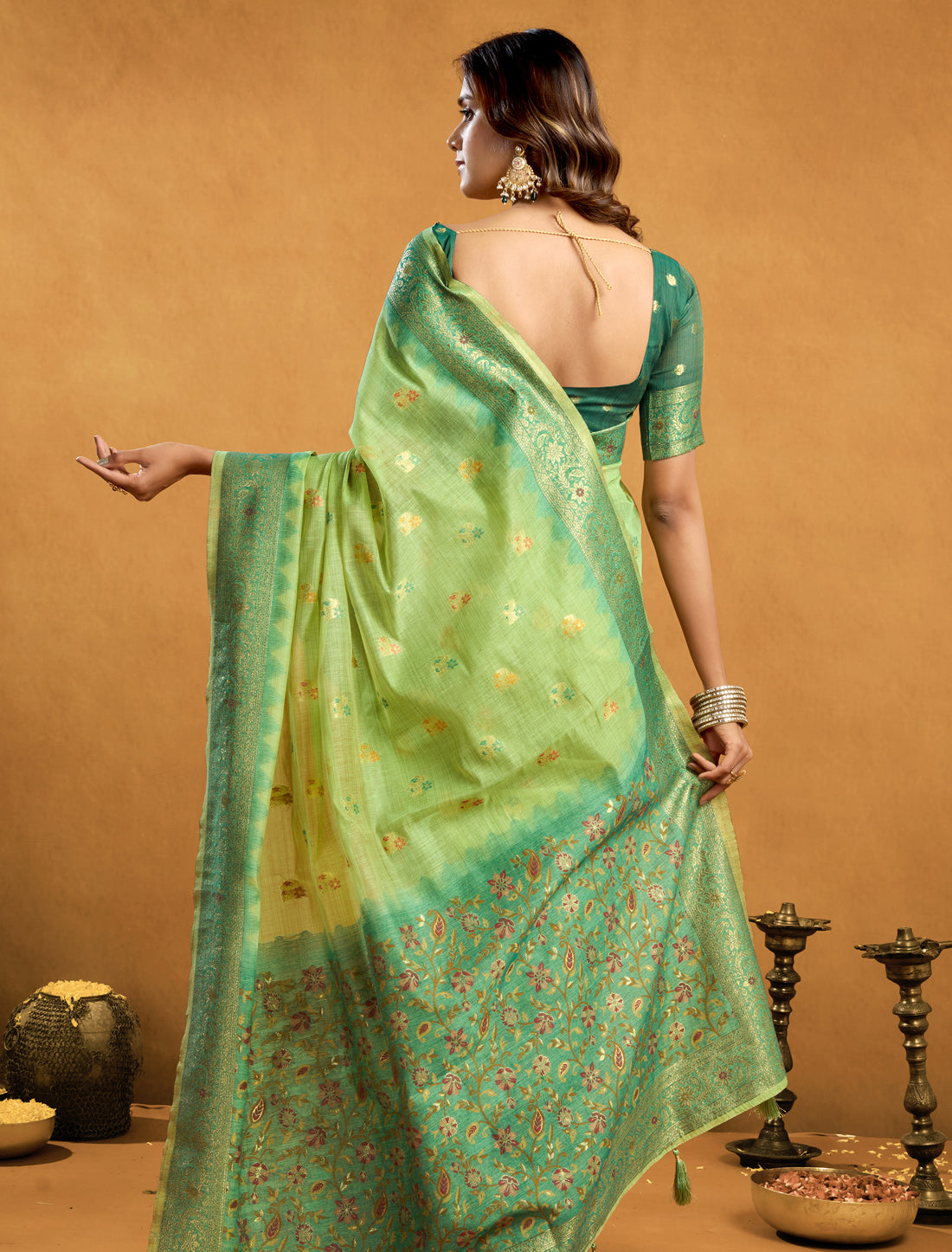 Green Spun Cotton Party Wear Designer Saree With Zari Rich Pallu