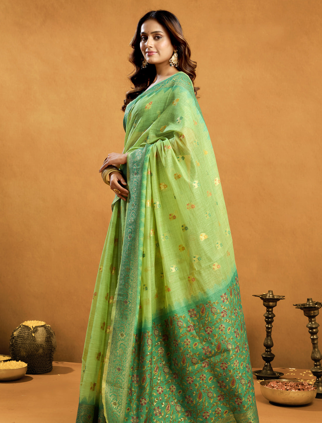 Green Spun Cotton Party Wear Designer Saree With Zari Rich Pallu