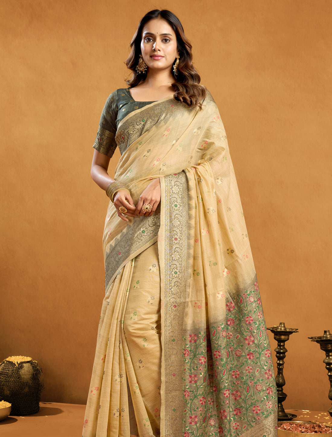 Light Brown Spun Cotton Designer Party Wear Saree with Rich Pallu Zari