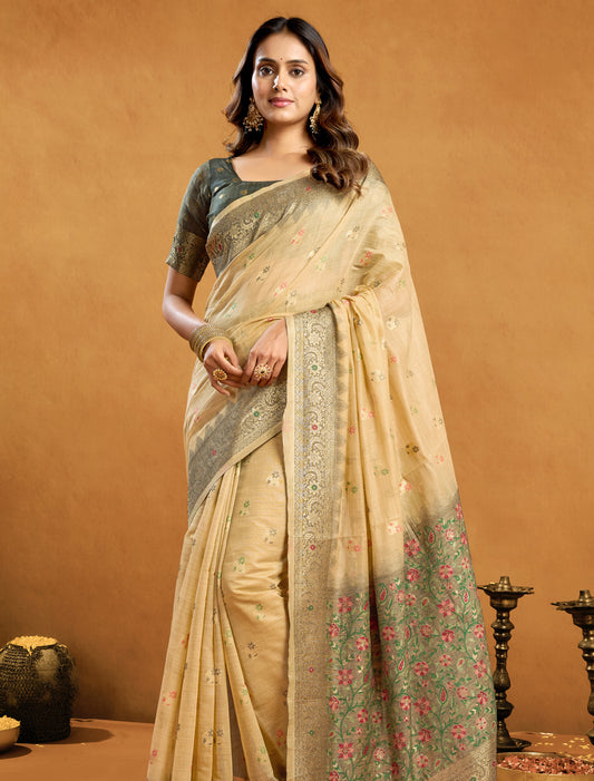 Light Brown Spun Cotton Designer Party Wear Saree with Rich Pallu Zari