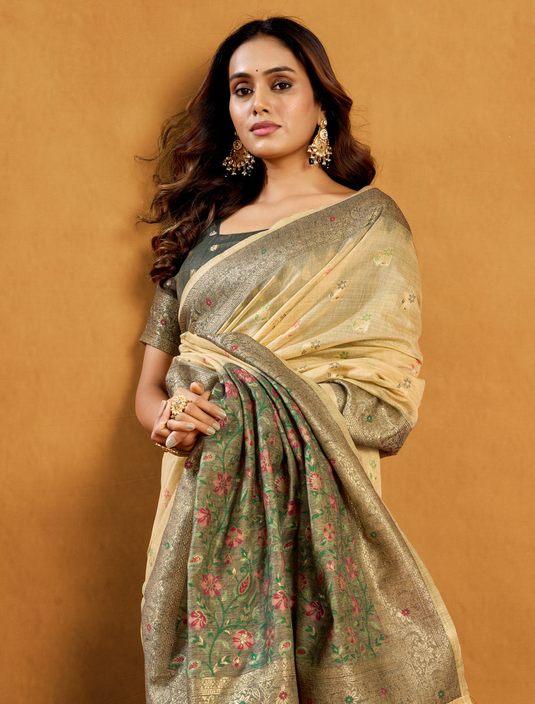 Light Brown Spun Cotton Designer Party Wear Saree with Rich Pallu Zari