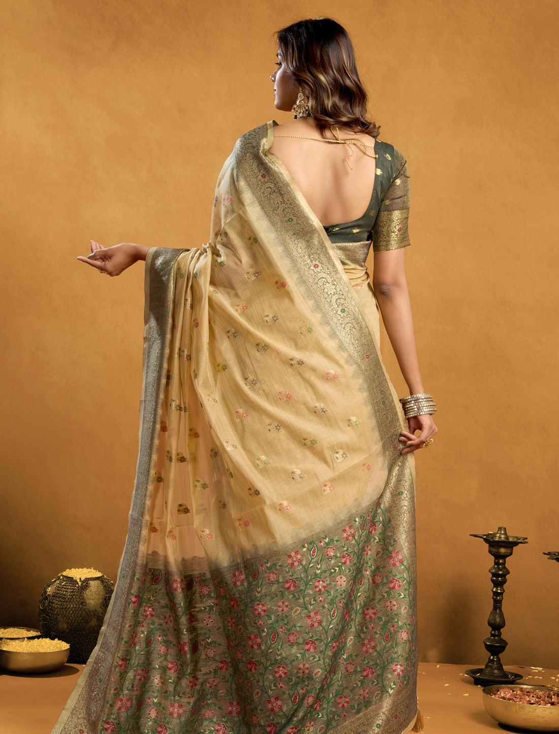 Light Brown Spun Cotton Designer Party Wear Saree with Rich Pallu Zari