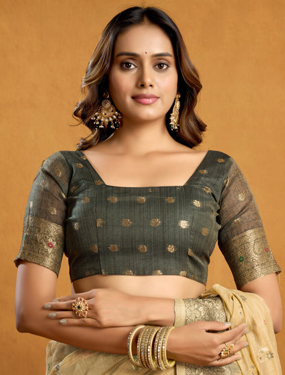 Light Brown Spun Cotton Designer Party Wear Saree with Rich Pallu Zari