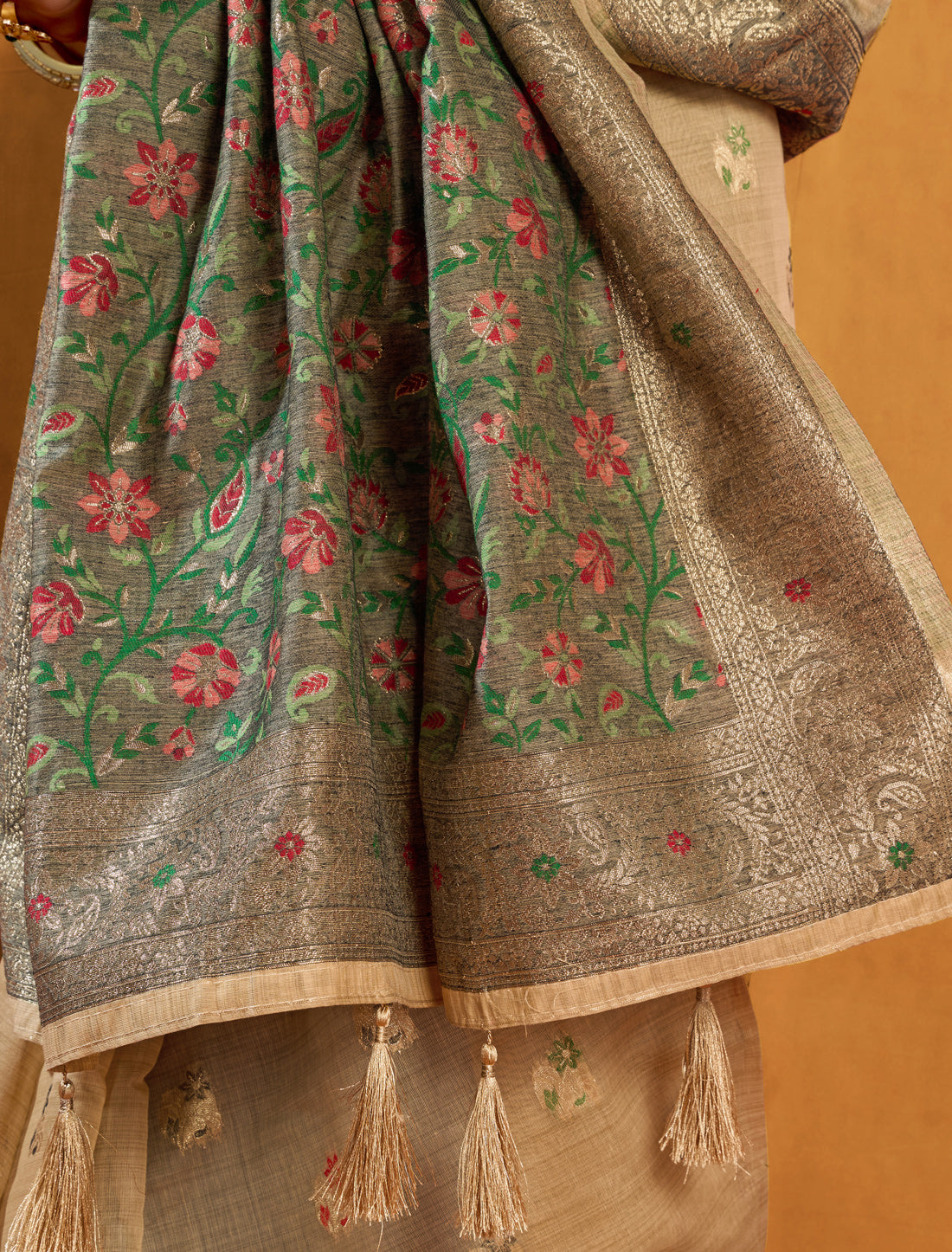 Light Brown Spun Cotton Designer Party Wear Saree with Rich Pallu Zari