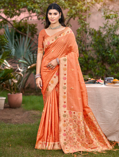 Orange Assam Silk Party Wear Saree With Meena Work