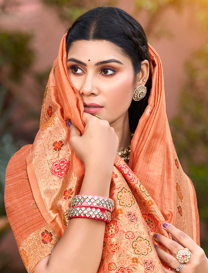 Orange Assam Silk Party Wear Saree With Meena Work