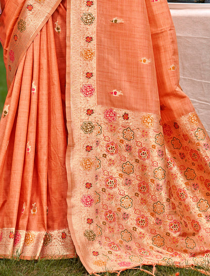 Orange Assam Silk Party Wear Saree With Meena Work