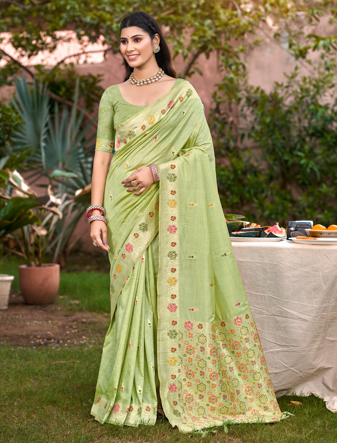 Pista Green Party Wear Assam Silk Woven Saree with Meena Work