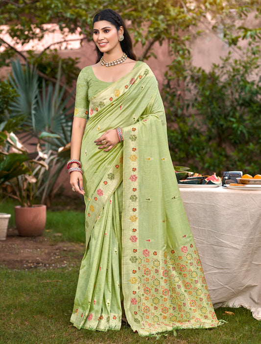 Pista Green Party Wear Assam Silk Woven Saree with Meena Work