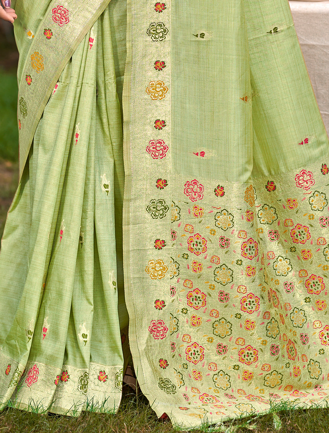 Pista Green Party Wear Assam Silk Woven Saree with Meena Work
