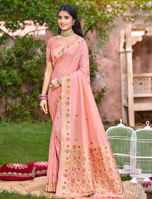 Pink Assam Silk Woven Party Wear Saree With Meena Work