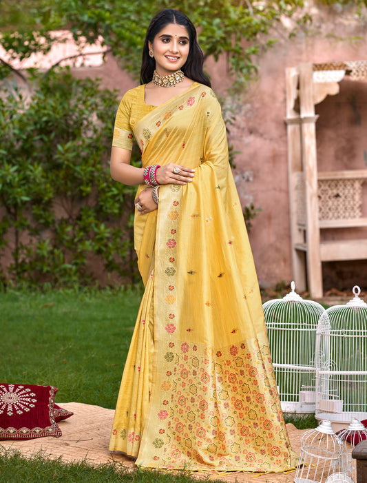 Yellow Assam Silk Woven Party Wear Saree With Meena Work