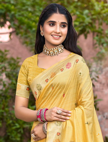Yellow Assam Silk Woven Party Wear Saree With Meena Work