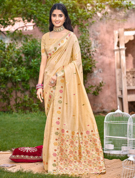 Beige Assam Silk Party Wear Saree With Meena Work
