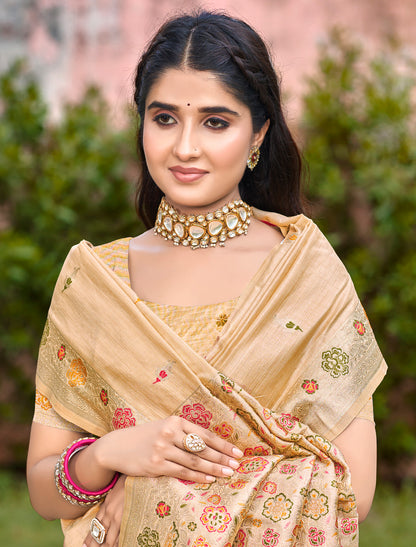 Beige Assam Silk Party Wear Saree With Meena Work